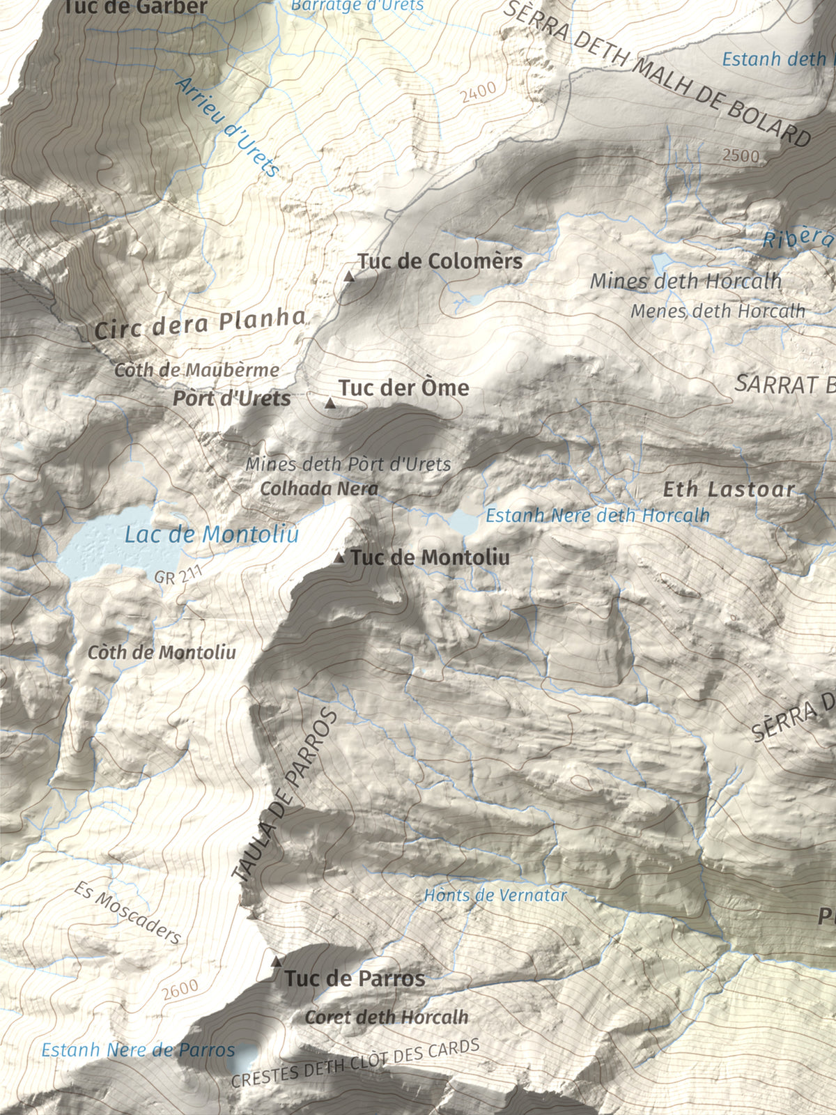 Mapa de relieve de Malh de Bolard, 2753 m, Val d'Aran, lámina 100 Cims de Trobart. Detalle de la zona inferior izquierda. 30 × 40 cm.
