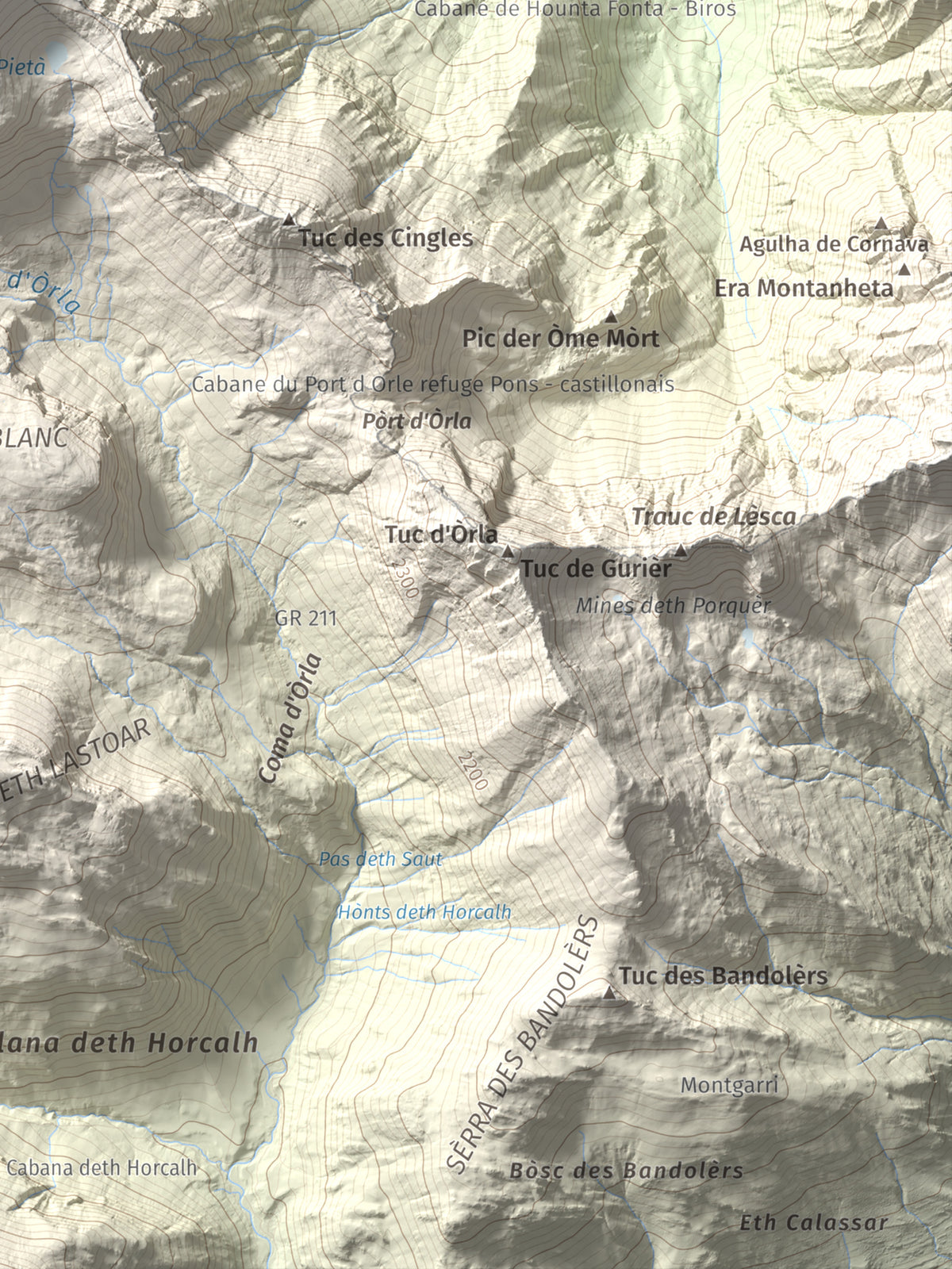 Mapa de relieve de Malh de Bolard, 2753 m, Val d'Aran, lámina 100 Cims de Trobart. Detalle de la zona inferior derecha. 30 × 40 cm.