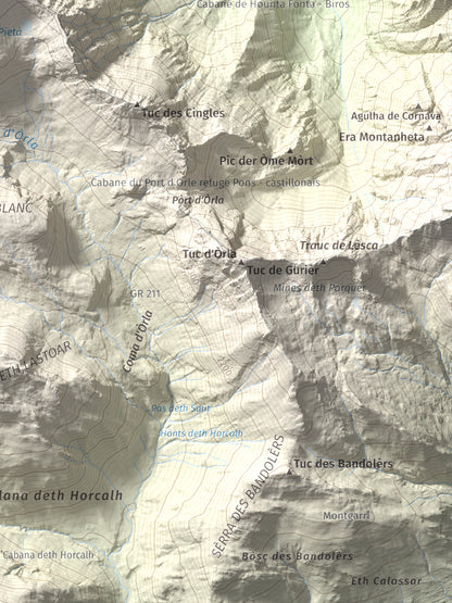 Mapa de relieve de Malh de Bolard, 2753 m, Val d'Aran, lámina 100 Cims de Trobart. Detalle de la zona inferior derecha. 30 × 40 cm.