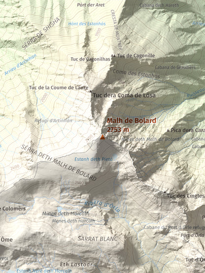 Mapa de relieve de Malh de Bolard, 2753 m, Val d'Aran, lámina 100 Cims de Trobart. Detalle de la zona central. 30 × 40 cm.