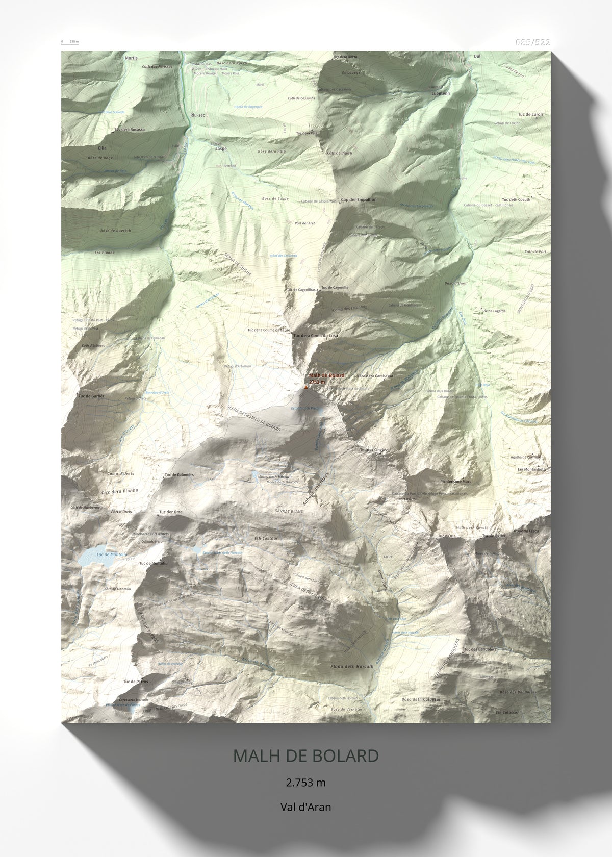 Mapa de relieve de Malh de Bolard, 2753 m, Val d'Aran, lámina 100 Cims de Trobart 50 × 70 cm.