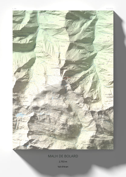 Mapa de relieve de Malh de Bolard, 2753 m, Val d'Aran, lámina 100 Cims de Trobart 50 × 70 cm.
