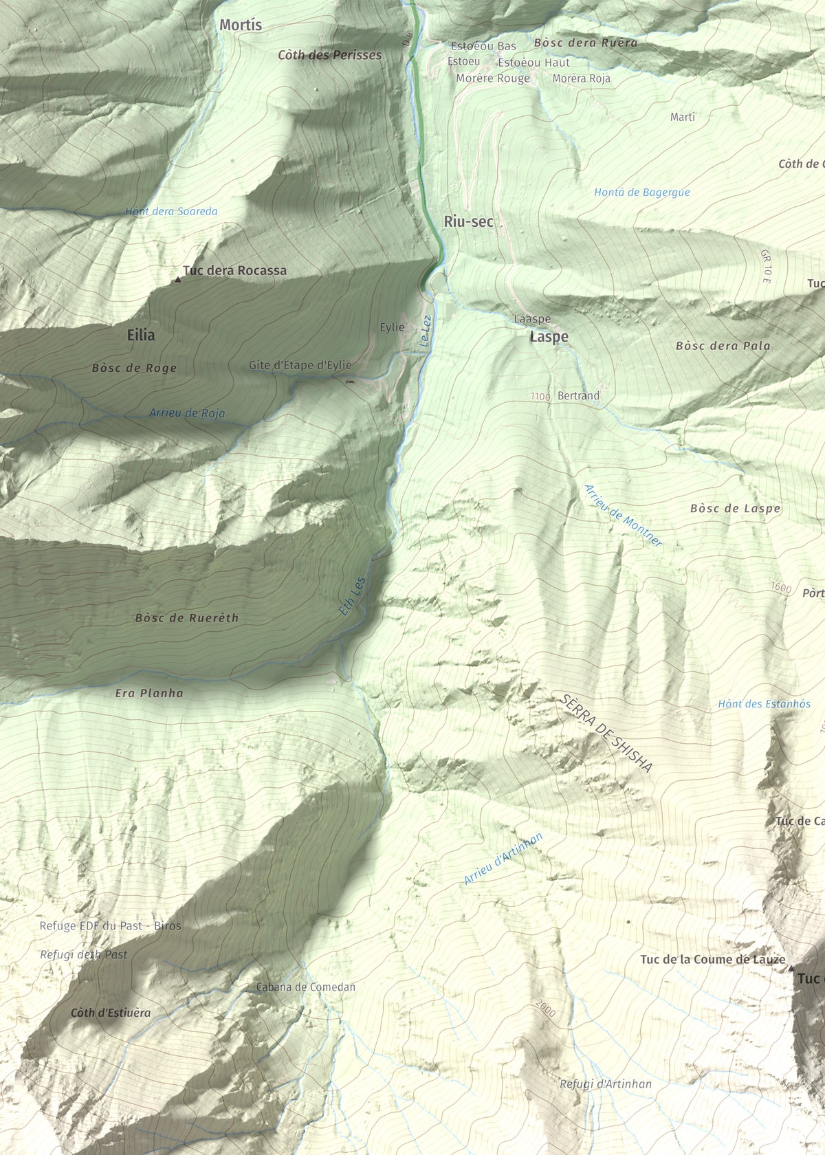 Mapa de relieve de Malh de Bolard, 2753 m, Val d'Aran, lámina 100 Cims de Trobart. Detalle de la zona superior izquierda. 50 × 70 cm.
