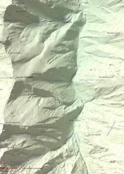 Mapa de relieve de Malh de Bolard, 2753 m, Val d'Aran, lámina 100 Cims de Trobart. Detalle de la zona superior derecha. 50 × 70 cm.