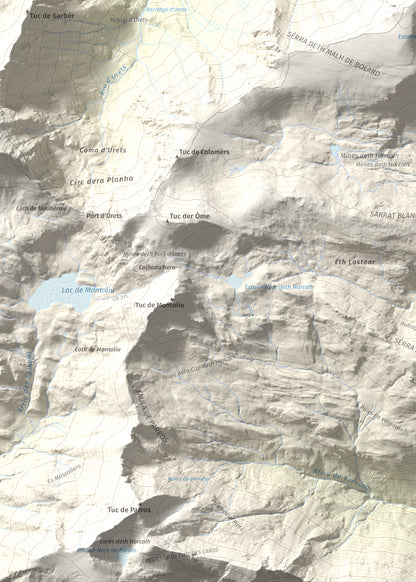 Mapa de relieve de Malh de Bolard, 2753 m, Val d'Aran, lámina 100 Cims de Trobart. Detalle de la zona inferior izquierda. 50 × 70 cm.