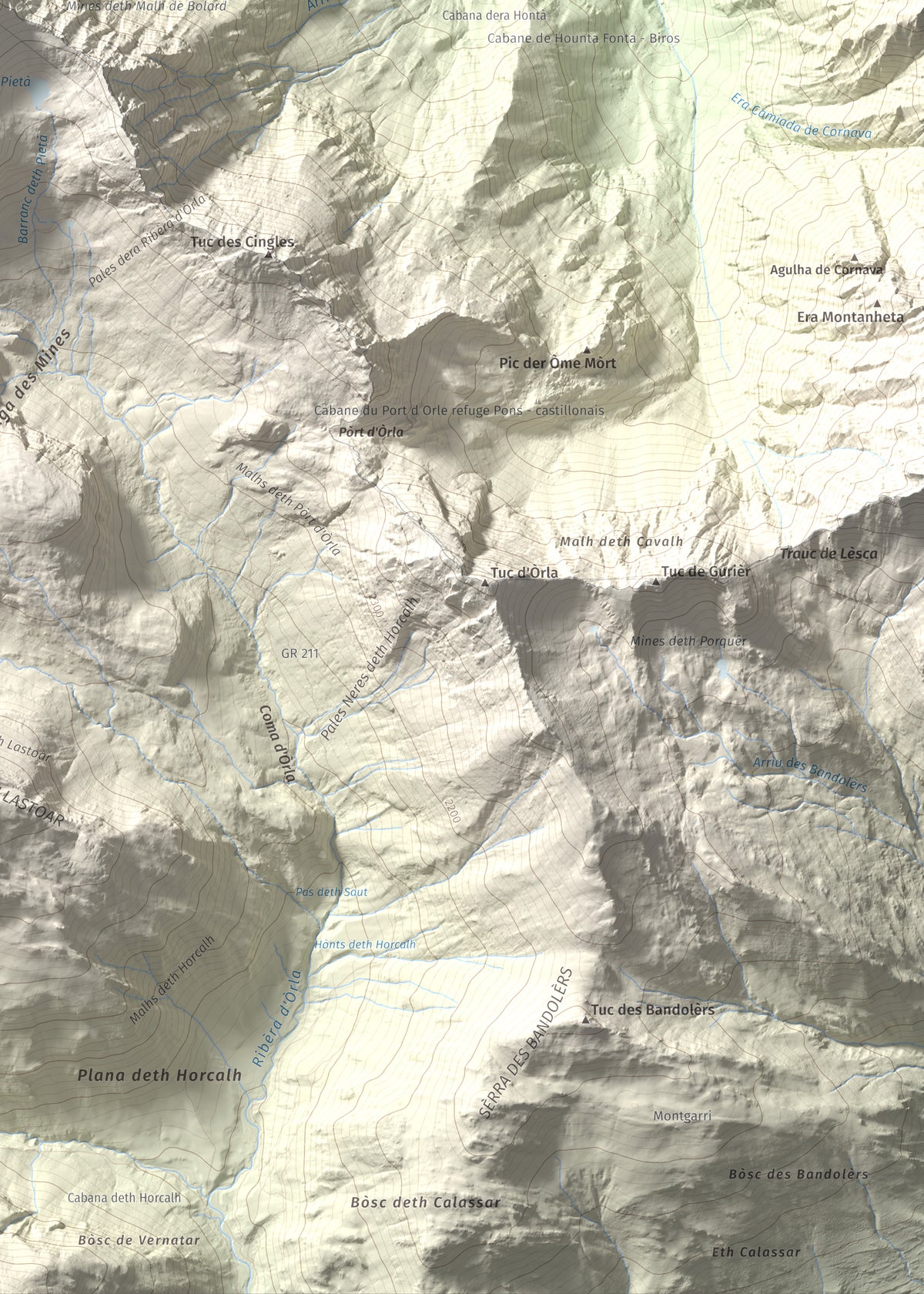 Mapa de relieve de Malh de Bolard, 2753 m, Val d'Aran, lámina 100 Cims de Trobart. Detalle de la zona inferior derecha. 50 × 70 cm.