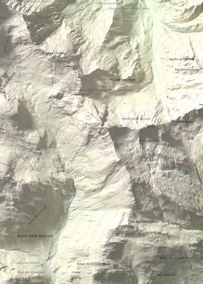 Mapa de relieve de Malh de Bolard, 2753 m, Val d'Aran, lámina 100 Cims de Trobart. Detalle de la zona inferior derecha. 50 × 70 cm.