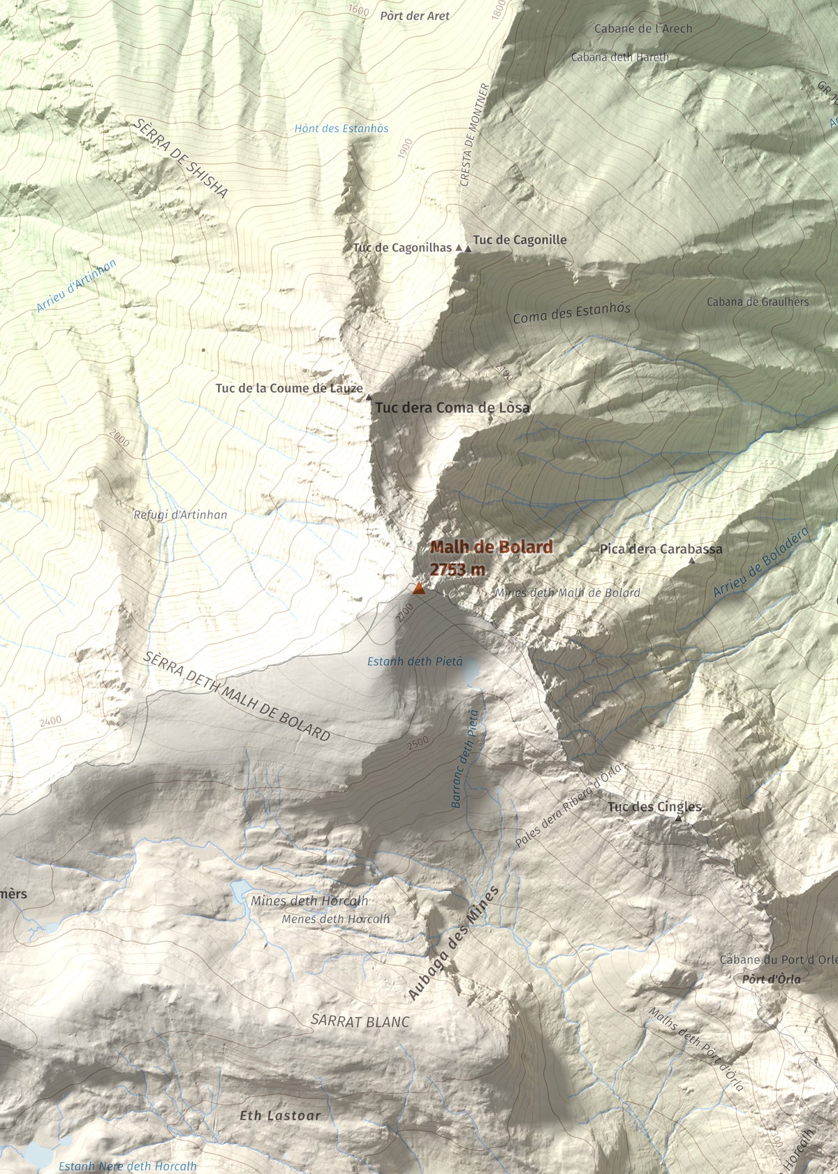 Mapa de relieve de Malh de Bolard, 2753 m, Val d'Aran, lámina 100 Cims de Trobart. Detalle de la zona central. 50 × 70 cm.