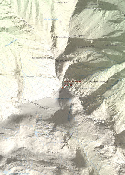 Mapa de relieve de Malh de Bolard, 2753 m, Val d'Aran, lámina 100 Cims de Trobart. Detalle de la zona central. 50 × 70 cm.