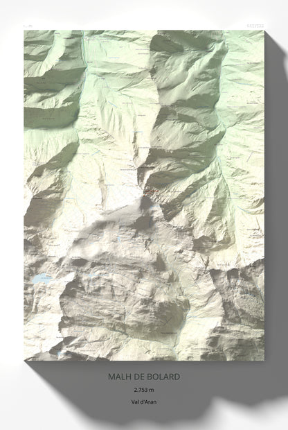 Mapa de relieve de Malh de Bolard, 2753 m, Val d'Aran, lámina 100 Cims de Trobart 61 × 91 cm.