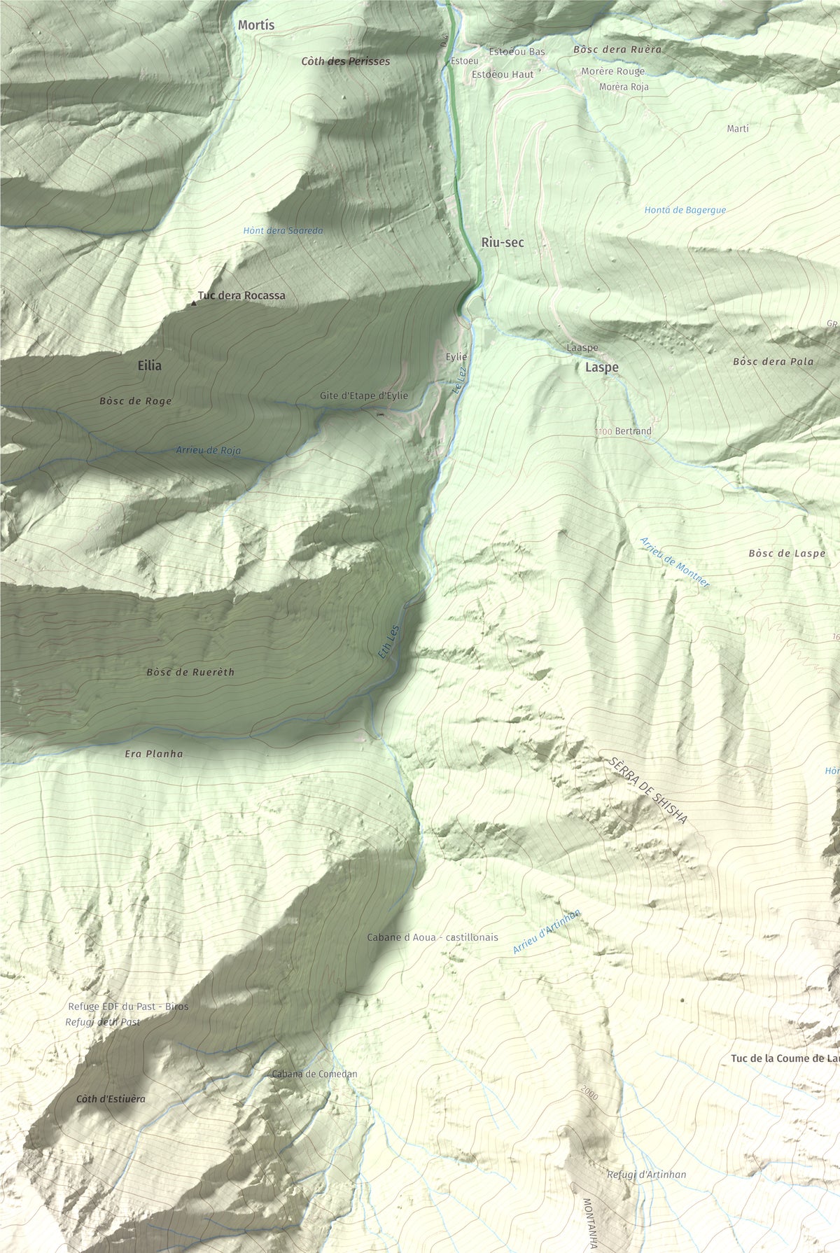 Mapa de relieve de Malh de Bolard, 2753 m, Val d'Aran, lámina 100 Cims de Trobart. Detalle de la zona superior izquierda. 61 × 91 cm.