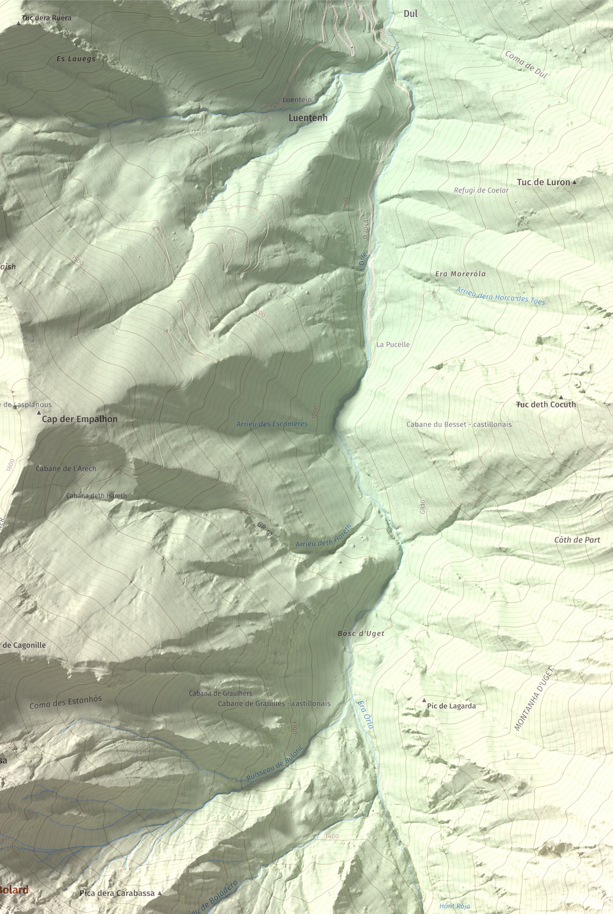 Mapa de relieve de Malh de Bolard, 2753 m, Val d'Aran, lámina 100 Cims de Trobart. Detalle de la zona superior derecha. 61 × 91 cm.