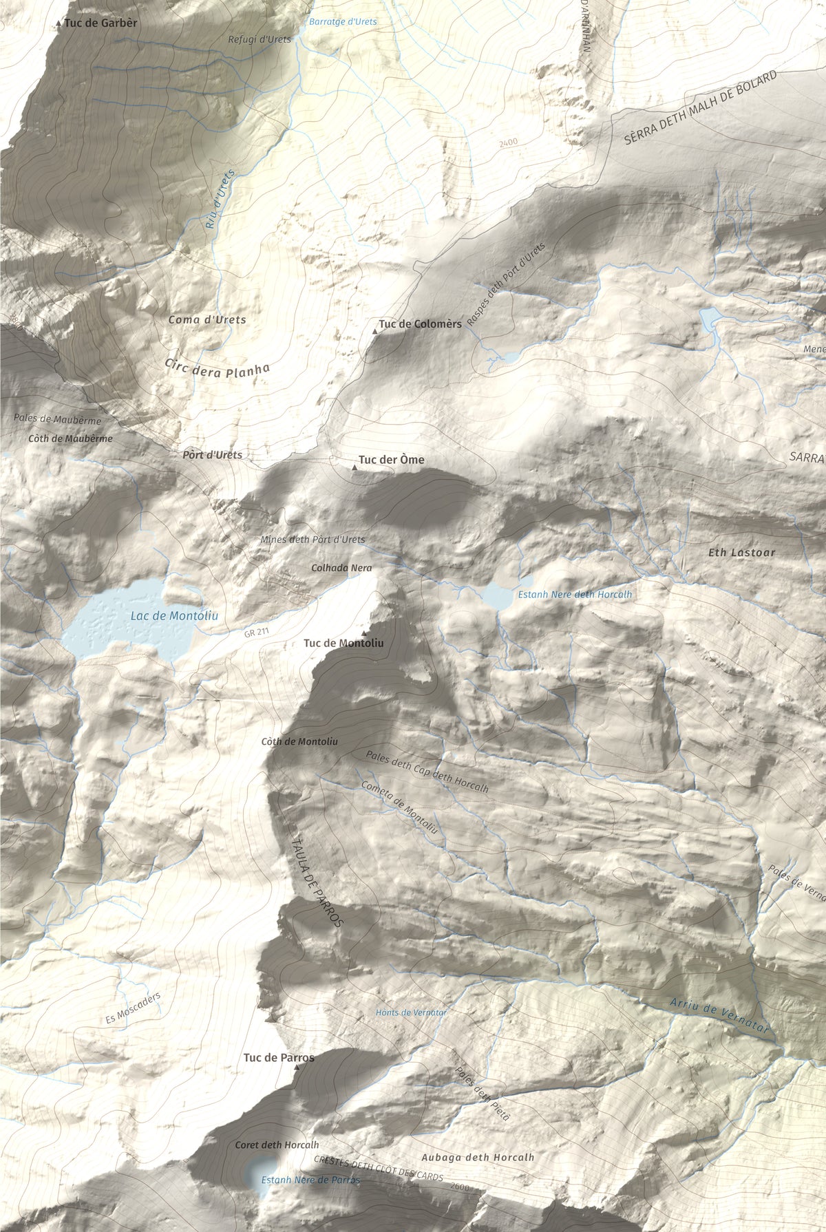 Mapa de relieve de Malh de Bolard, 2753 m, Val d'Aran, lámina 100 Cims de Trobart. Detalle de la zona inferior izquierda. 61 × 91 cm.