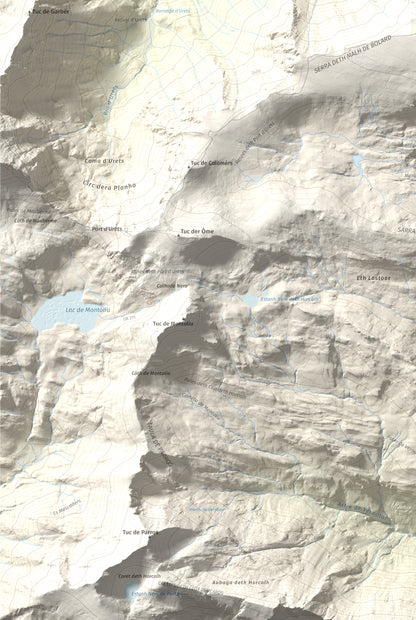 Mapa de relieve de Malh de Bolard, 2753 m, Val d'Aran, lámina 100 Cims de Trobart. Detalle de la zona inferior izquierda. 61 × 91 cm.