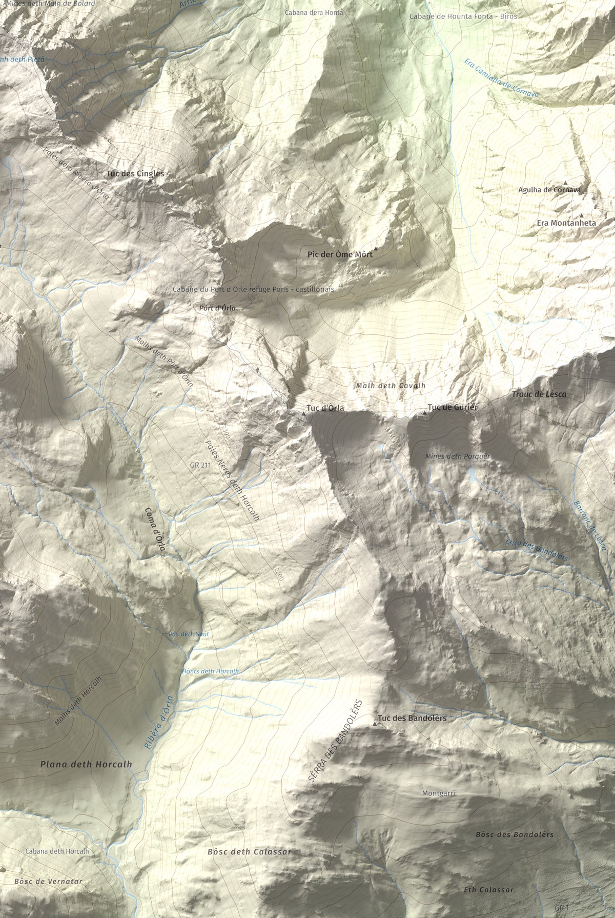 Mapa de relieve de Malh de Bolard, 2753 m, Val d'Aran, lámina 100 Cims de Trobart. Detalle de la zona inferior derecha. 61 × 91 cm.