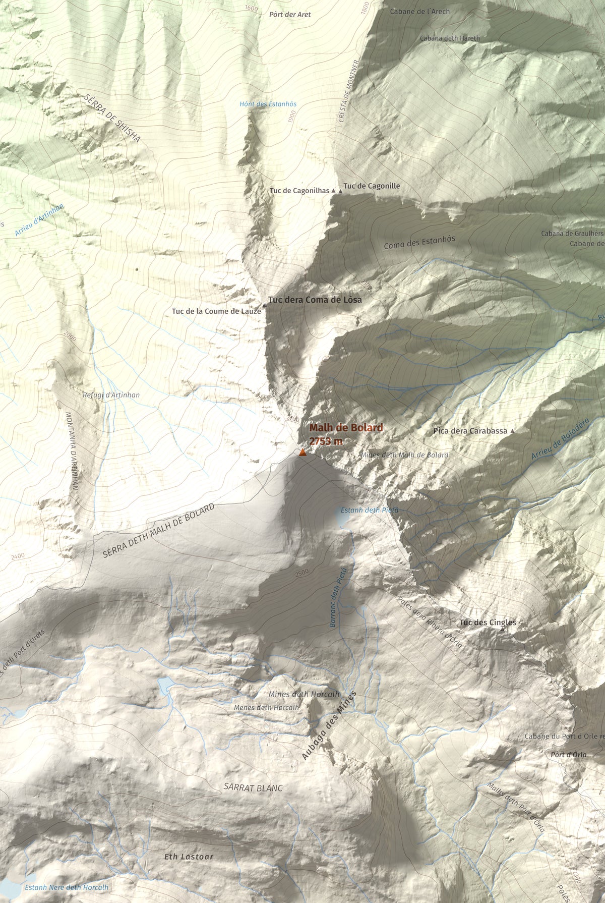 Mapa de relieve de Malh de Bolard, 2753 m, Val d'Aran, lámina 100 Cims de Trobart. Detalle de la zona central. 61 × 91 cm.