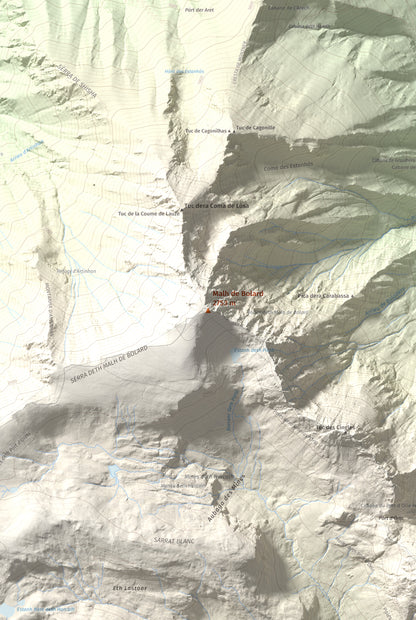 Mapa de relieve de Malh de Bolard, 2753 m, Val d'Aran, lámina 100 Cims de Trobart. Detalle de la zona central. 61 × 91 cm.