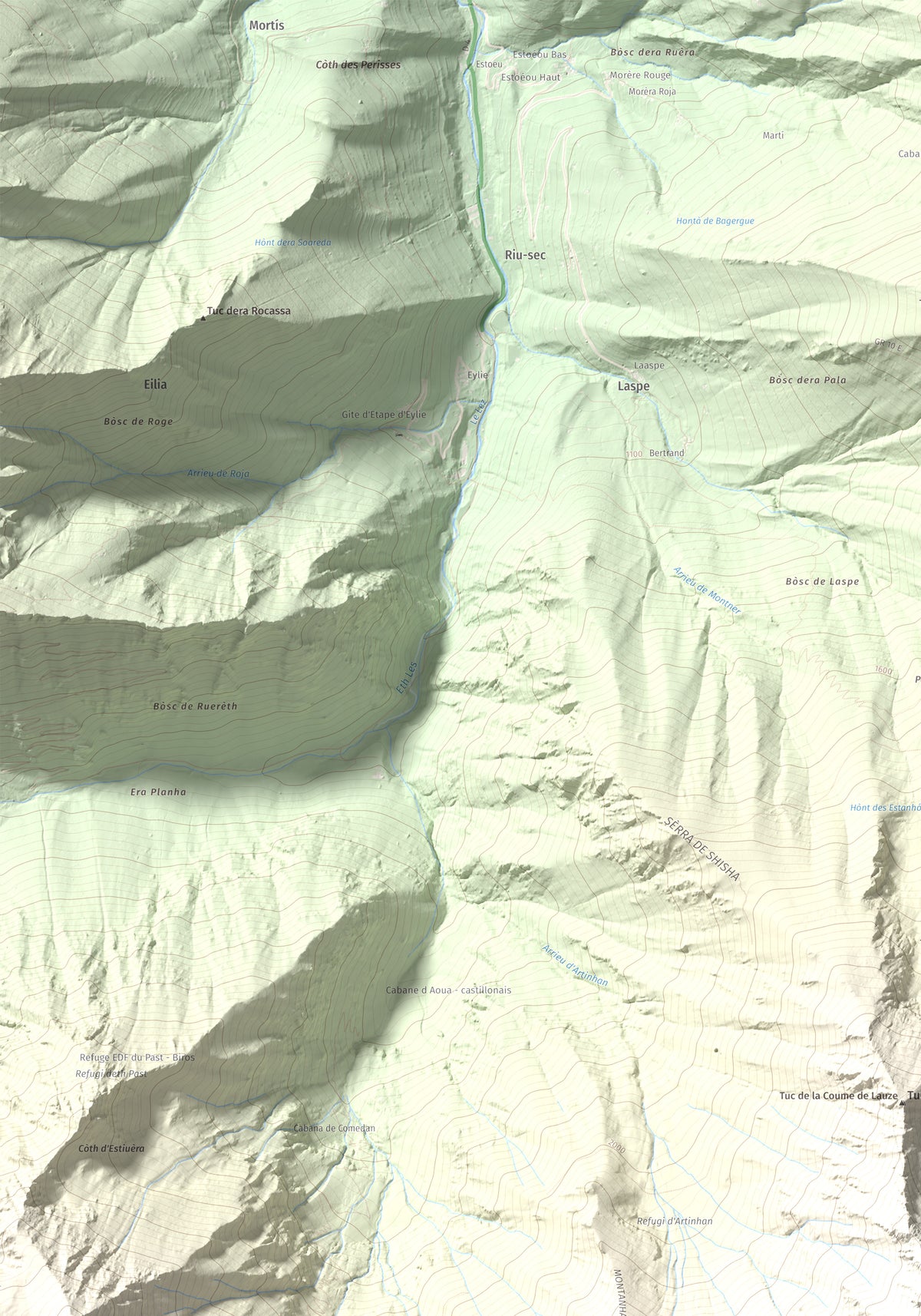 Mapa de relieve de Malh de Bolard, 2753 m, Val d'Aran, lámina 100 Cims de Trobart. Detalle de la zona superior izquierda. 70 × 100 cm.
