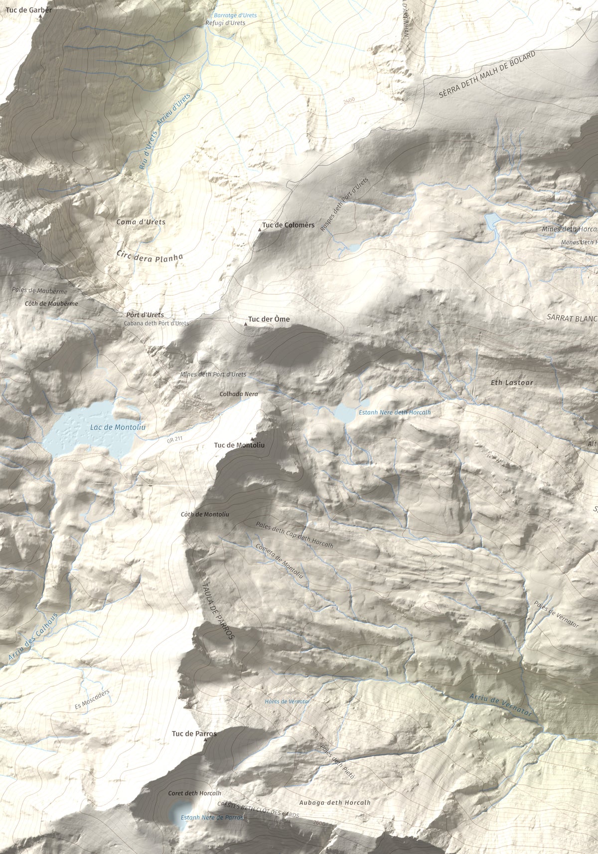 Mapa de relieve de Malh de Bolard, 2753 m, Val d'Aran, lámina 100 Cims de Trobart. Detalle de la zona inferior izquierda. 70 × 100 cm.