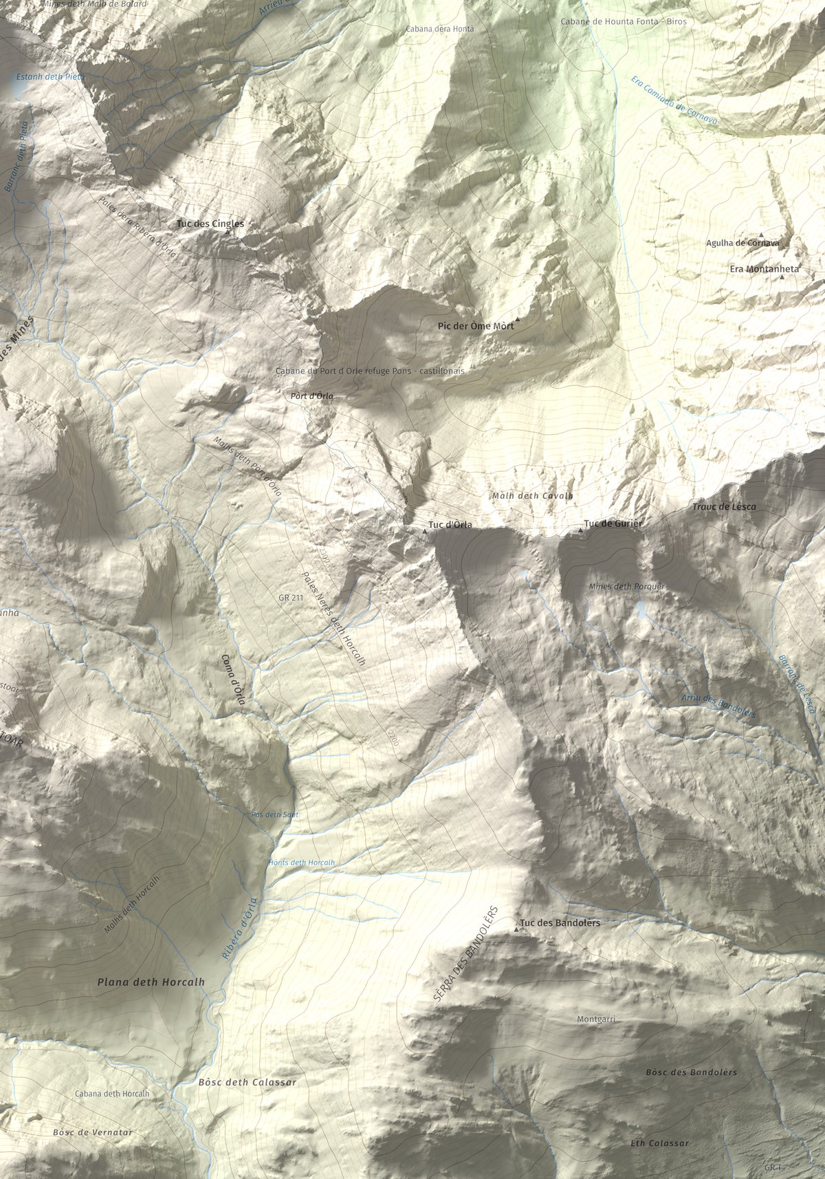 Mapa de relieve de Malh de Bolard, 2753 m, Val d'Aran, lámina 100 Cims de Trobart. Detalle de la zona inferior derecha. 70 × 100 cm.