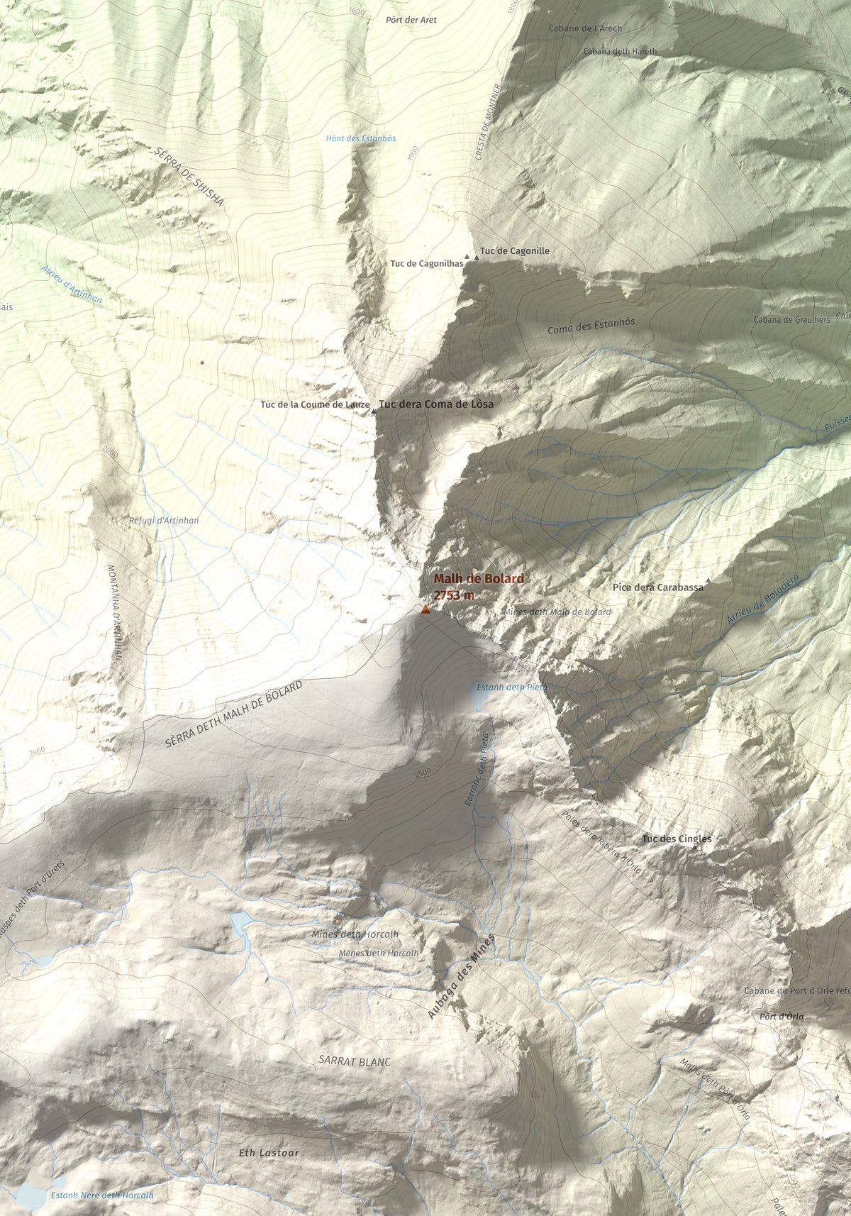Mapa de relieve de Malh de Bolard, 2753 m, Val d'Aran, lámina 100 Cims de Trobart. Detalle de la zona central. 70 × 100 cm.