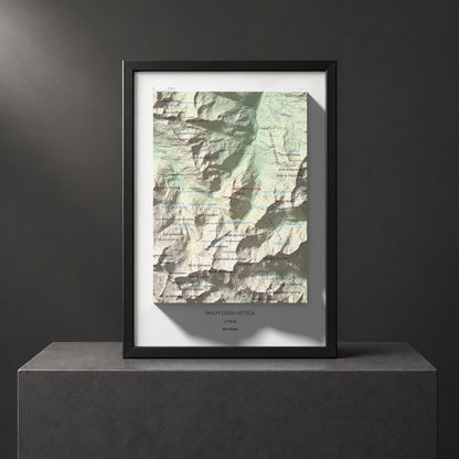 Mapa de relieve de Malh dera Artiga, 2710 m, Val d'Aran, lámina 100 Cims de Trobart. Presentación enmarcada. 21 × 30 cm.