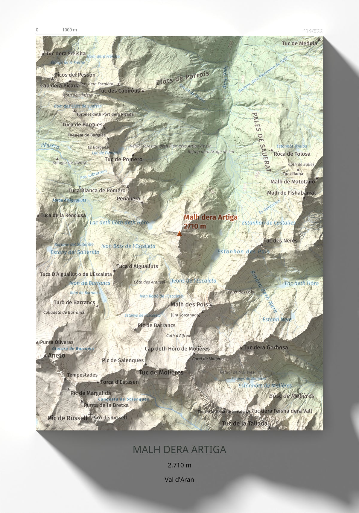 Mapa de relieve de Malh dera Artiga, 2710 m, Val d'Aran, lámina 100 Cims de Trobart 21 × 30 cm.
