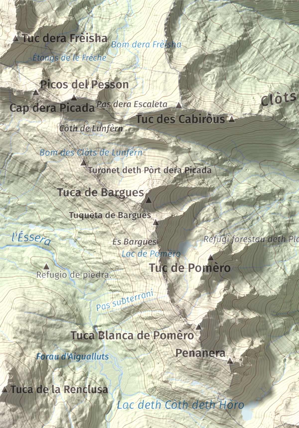 Mapa de relieve de Malh dera Artiga, 2710 m, Val d'Aran, lámina 100 Cims de Trobart. Detalle de la zona superior izquierda. 21 × 30 cm.