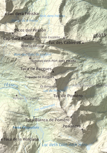 Mapa de relieve de Malh dera Artiga, 2710 m, Val d'Aran, lámina 100 Cims de Trobart. Detalle de la zona superior izquierda. 21 × 30 cm.