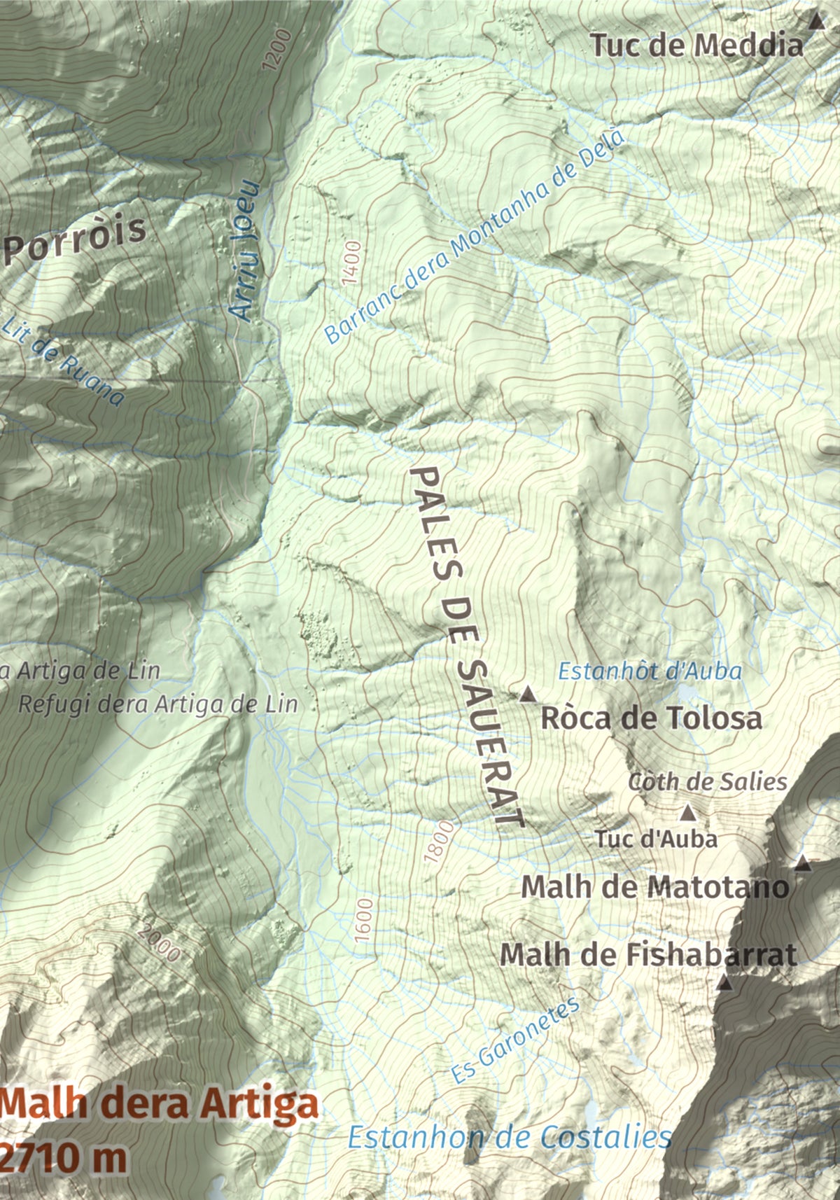 Mapa de relieve de Malh dera Artiga, 2710 m, Val d'Aran, lámina 100 Cims de Trobart. Detalle de la zona superior derecha. 21 × 30 cm.