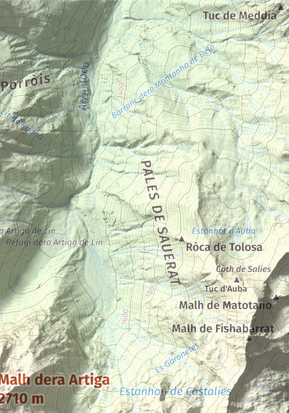 Mapa de relieve de Malh dera Artiga, 2710 m, Val d'Aran, lámina 100 Cims de Trobart. Detalle de la zona superior derecha. 21 × 30 cm.