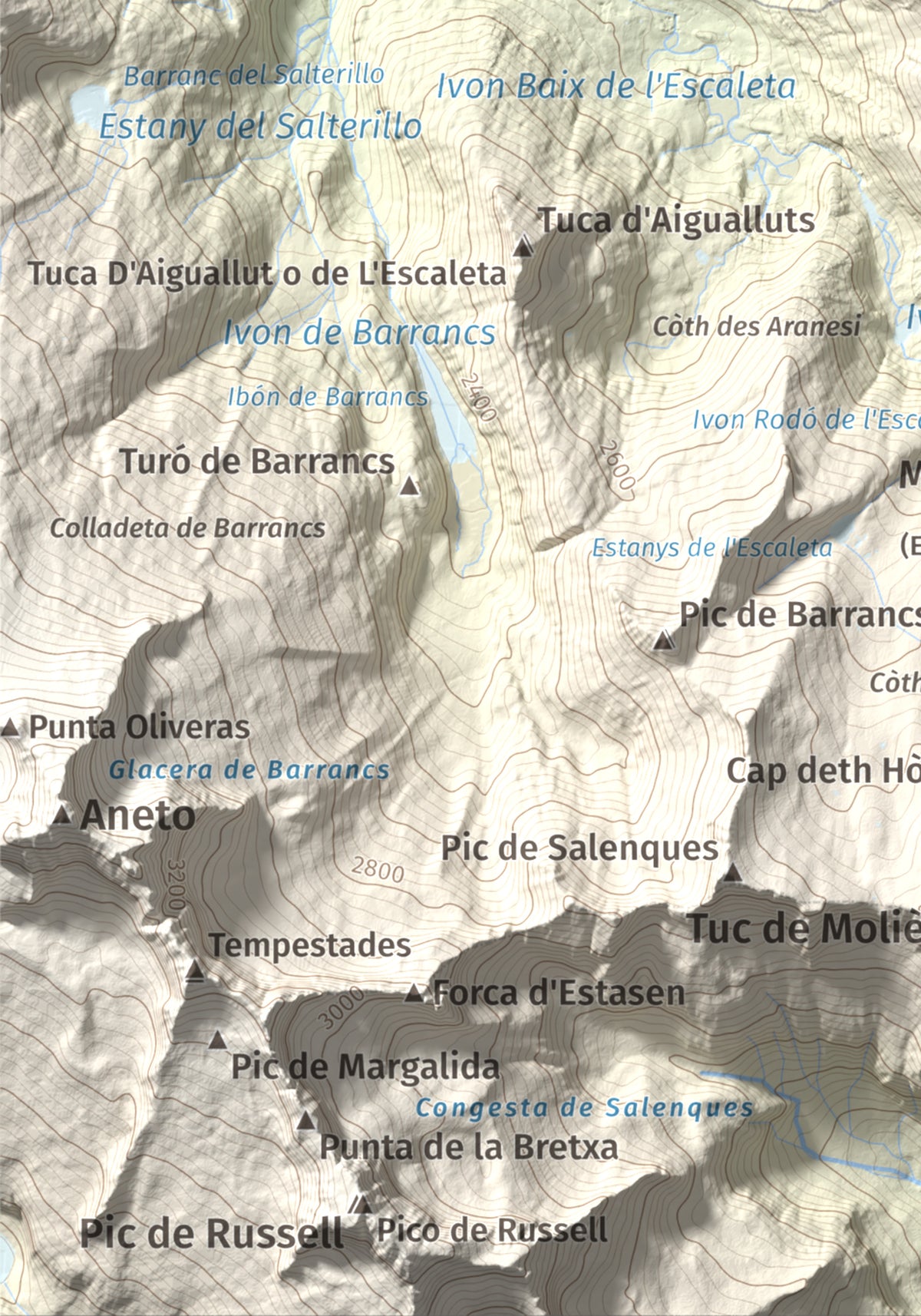 Mapa de relieve de Malh dera Artiga, 2710 m, Val d'Aran, lámina 100 Cims de Trobart. Detalle de la zona inferior izquierda. 21 × 30 cm.