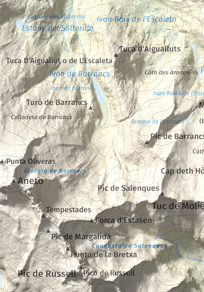 Mapa de relieve de Malh dera Artiga, 2710 m, Val d'Aran, lámina 100 Cims de Trobart. Detalle de la zona inferior izquierda. 21 × 30 cm.