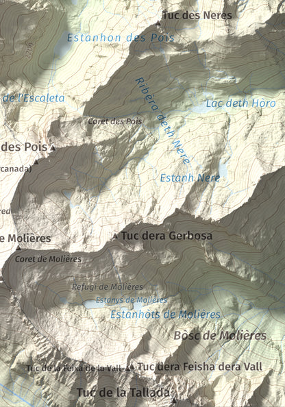 Mapa de relieve de Malh dera Artiga, 2710 m, Val d'Aran, lámina 100 Cims de Trobart. Detalle de la zona inferior derecha. 21 × 30 cm.