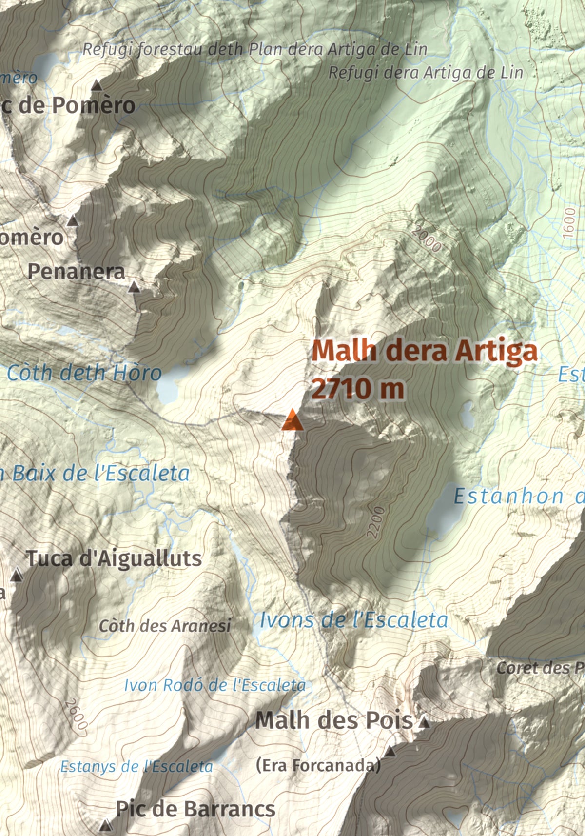 Mapa de relieve de Malh dera Artiga, 2710 m, Val d'Aran, lámina 100 Cims de Trobart. Detalle de la zona central. 21 × 30 cm.