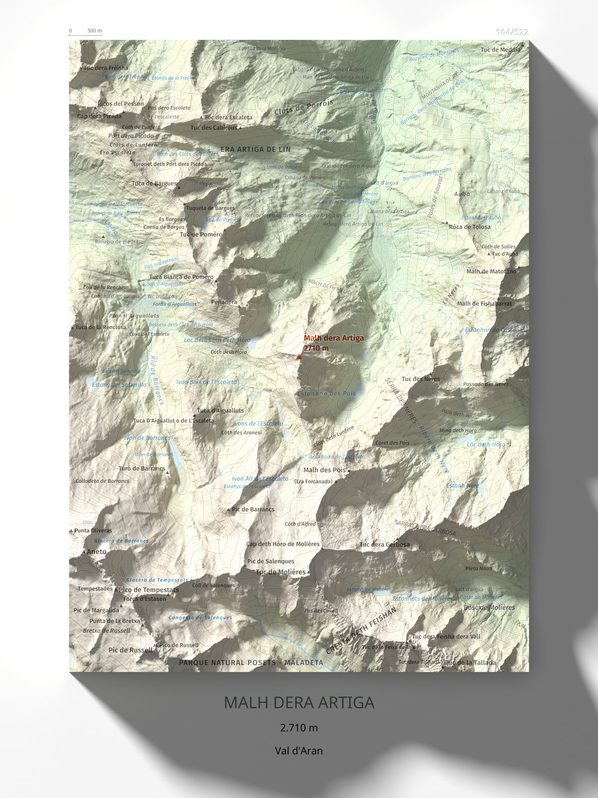 Mapa de relieve de Malh dera Artiga, 2710 m, Val d'Aran, lámina 100 Cims de Trobart 30 × 40 cm.