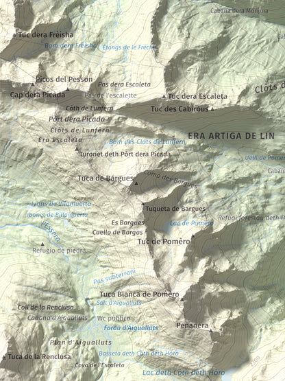 Mapa de relieve de Malh dera Artiga, 2710 m, Val d'Aran, lámina 100 Cims de Trobart. Detalle de la zona superior izquierda. 30 × 40 cm.