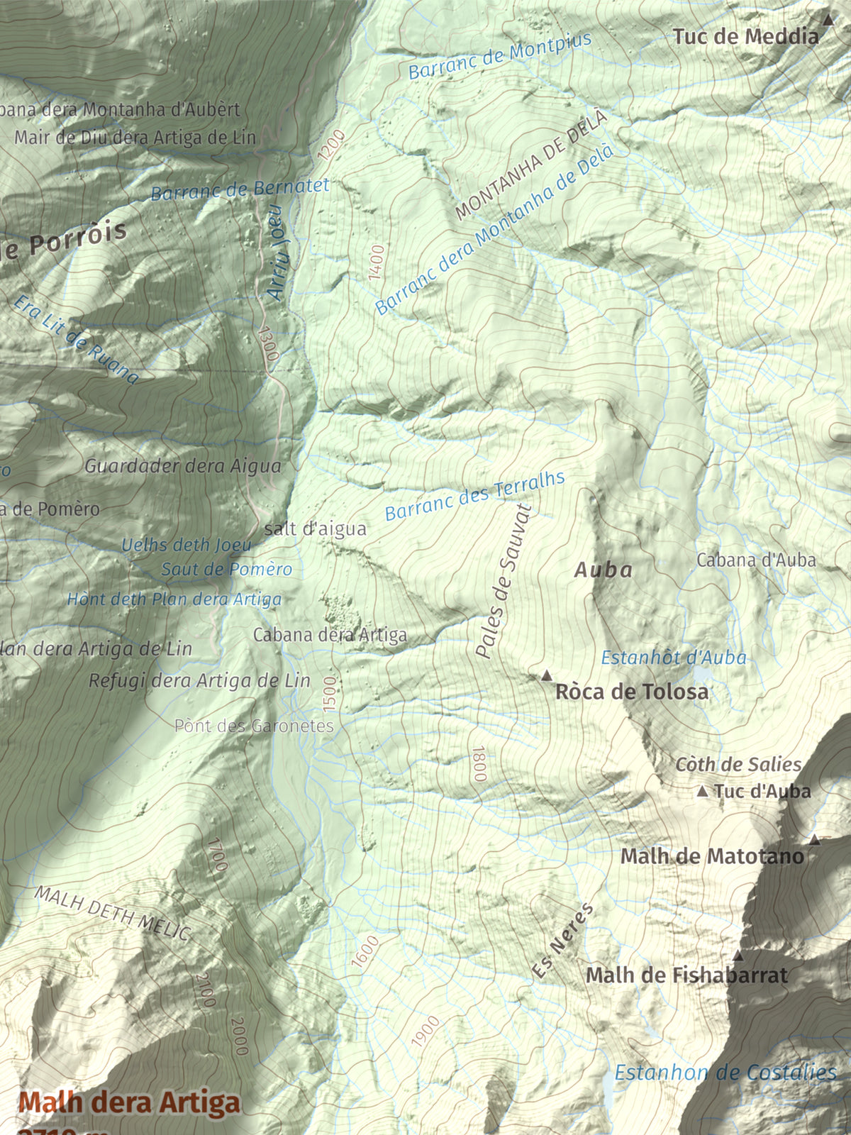 Mapa de relieve de Malh dera Artiga, 2710 m, Val d'Aran, lámina 100 Cims de Trobart. Detalle de la zona superior derecha. 30 × 40 cm.