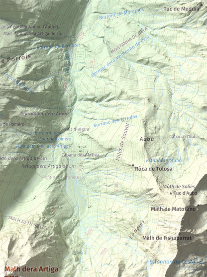 Mapa de relieve de Malh dera Artiga, 2710 m, Val d'Aran, lámina 100 Cims de Trobart. Detalle de la zona superior derecha. 30 × 40 cm.