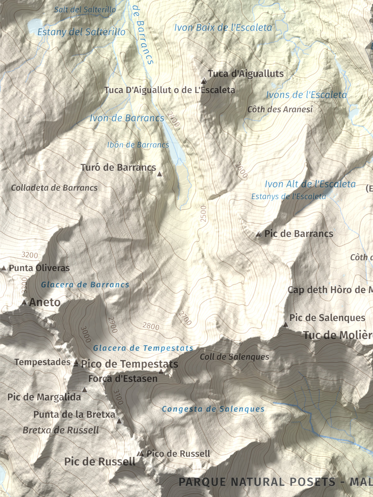 Mapa de relieve de Malh dera Artiga, 2710 m, Val d'Aran, lámina 100 Cims de Trobart. Detalle de la zona inferior izquierda. 30 × 40 cm.