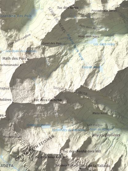 Mapa de relieve de Malh dera Artiga, 2710 m, Val d'Aran, lámina 100 Cims de Trobart. Detalle de la zona inferior derecha. 30 × 40 cm.