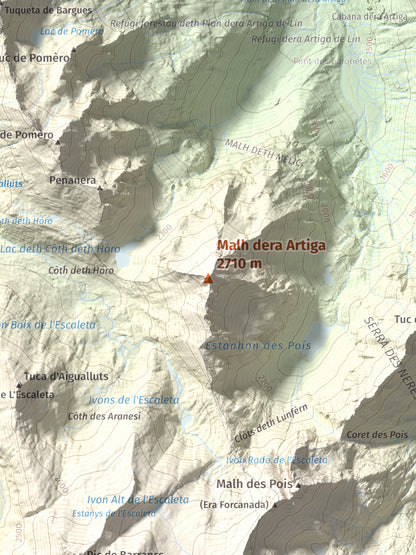 Mapa de relieve de Malh dera Artiga, 2710 m, Val d'Aran, lámina 100 Cims de Trobart. Detalle de la zona central. 30 × 40 cm.