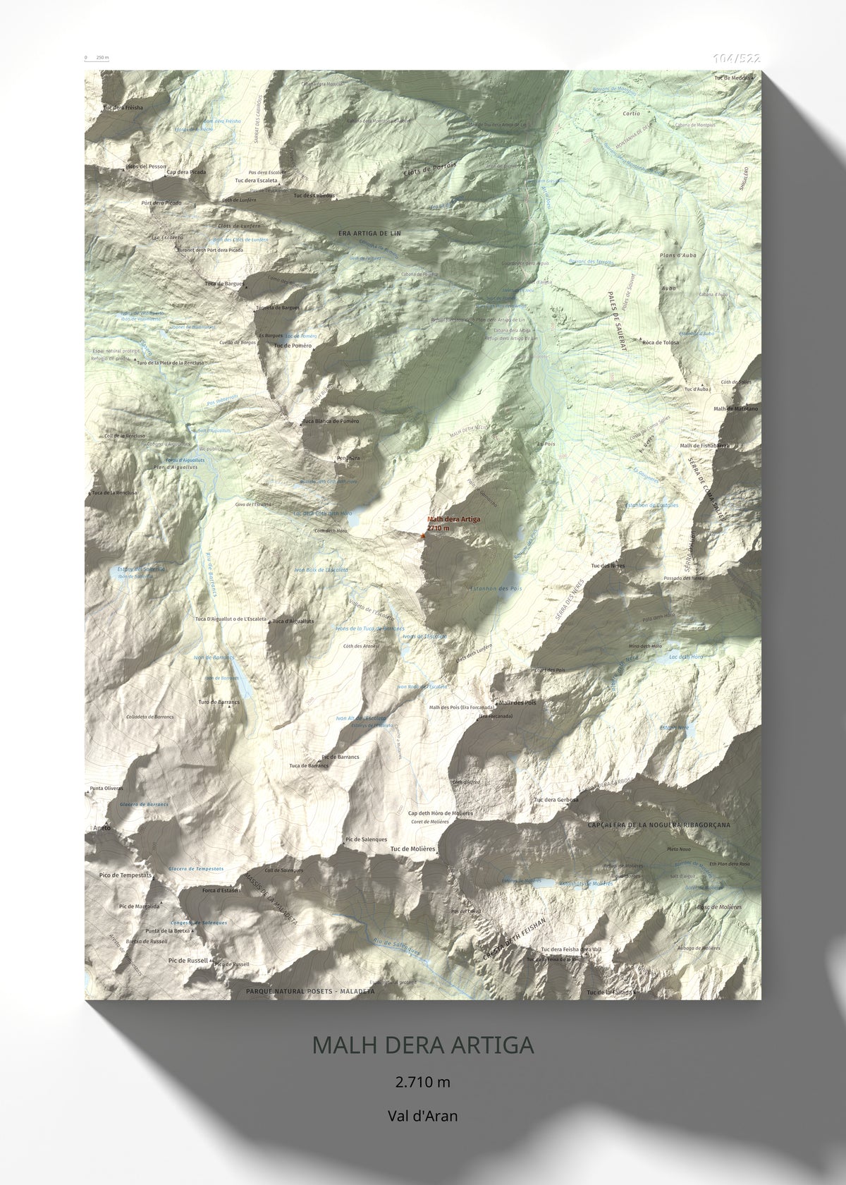 Mapa de relieve de Malh dera Artiga, 2710 m, Val d'Aran, lámina 100 Cims de Trobart 50 × 70 cm.