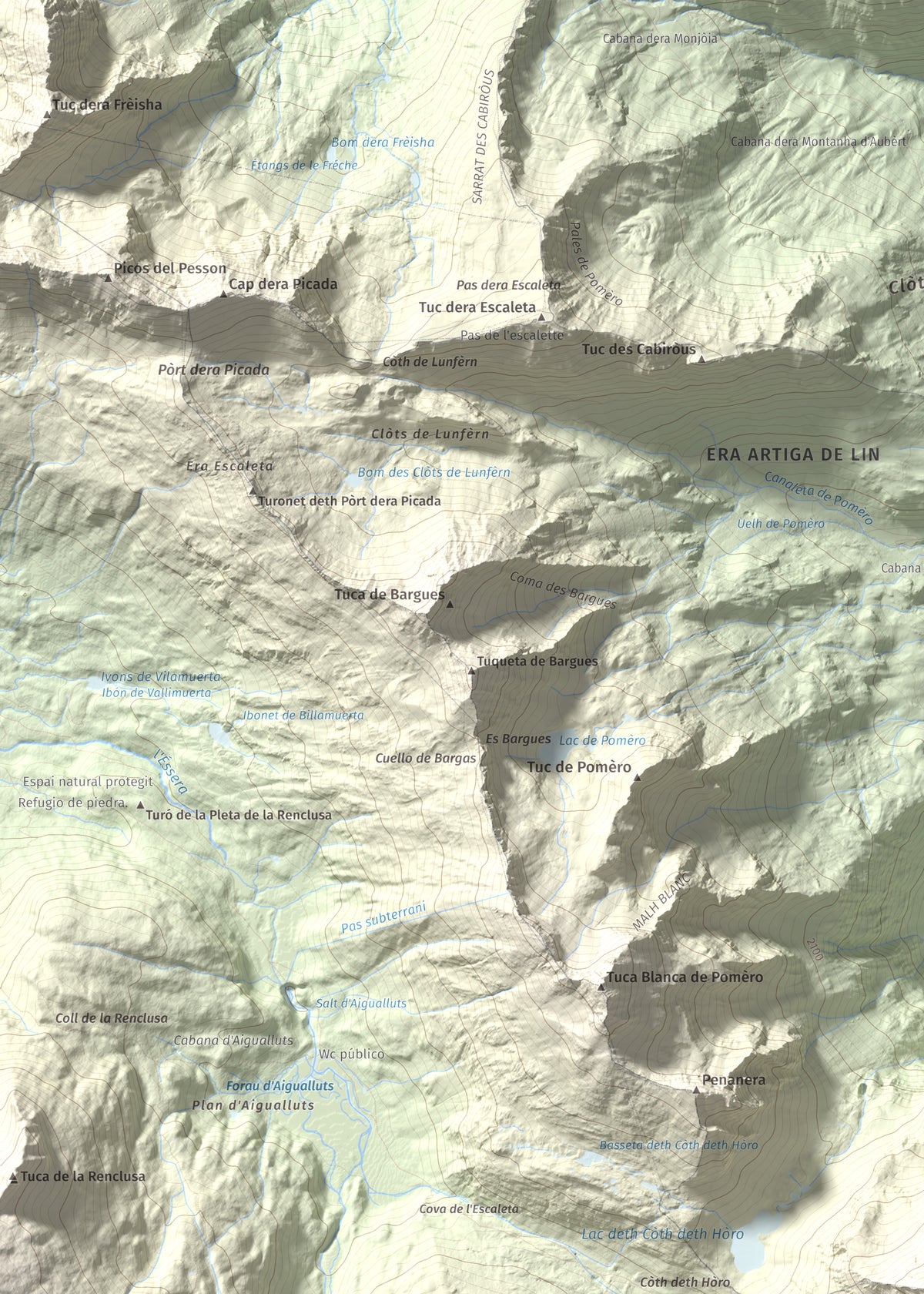 Mapa de relieve de Malh dera Artiga, 2710 m, Val d'Aran, lámina 100 Cims de Trobart. Detalle de la zona superior izquierda. 50 × 70 cm.