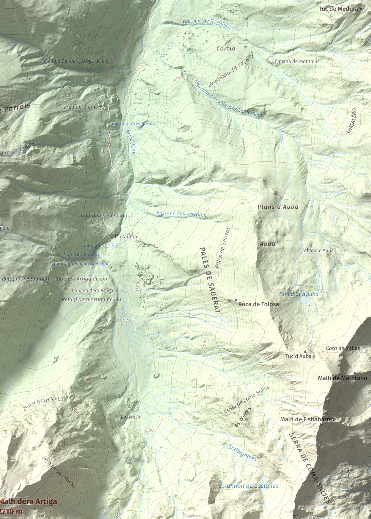 Mapa de relieve de Malh dera Artiga, 2710 m, Val d'Aran, lámina 100 Cims de Trobart. Detalle de la zona superior derecha. 50 × 70 cm.