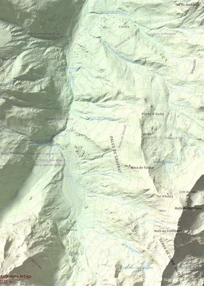 Mapa de relieve de Malh dera Artiga, 2710 m, Val d'Aran, lámina 100 Cims de Trobart. Detalle de la zona superior derecha. 50 × 70 cm.
