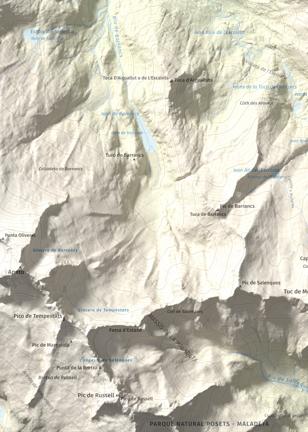 Mapa de relieve de Malh dera Artiga, 2710 m, Val d'Aran, lámina 100 Cims de Trobart. Detalle de la zona inferior izquierda. 50 × 70 cm.
