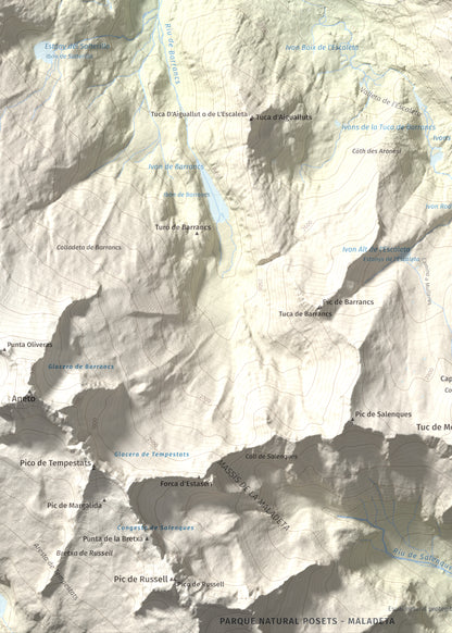 Mapa de relieve de Malh dera Artiga, 2710 m, Val d'Aran, lámina 100 Cims de Trobart. Detalle de la zona inferior izquierda. 50 × 70 cm.