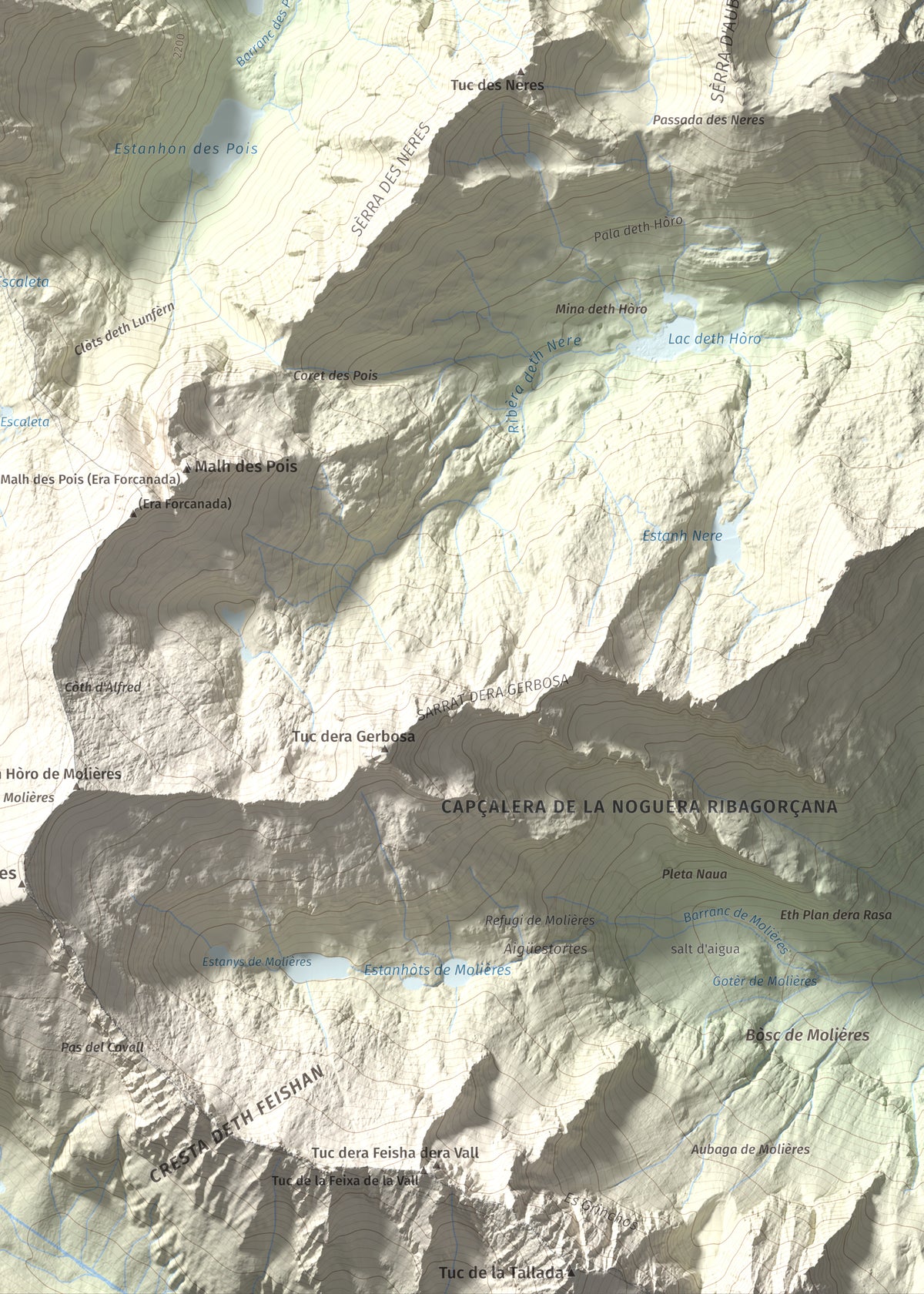 Mapa de relieve de Malh dera Artiga, 2710 m, Val d'Aran, lámina 100 Cims de Trobart. Detalle de la zona inferior derecha. 50 × 70 cm.
