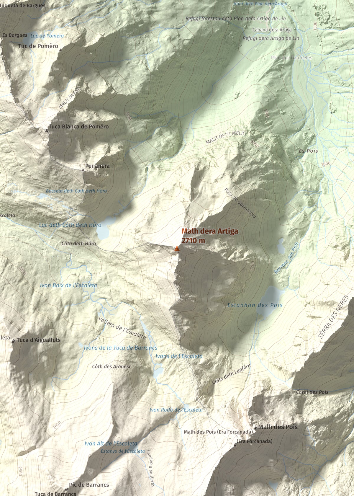 Mapa de relieve de Malh dera Artiga, 2710 m, Val d'Aran, lámina 100 Cims de Trobart. Detalle de la zona central. 50 × 70 cm.